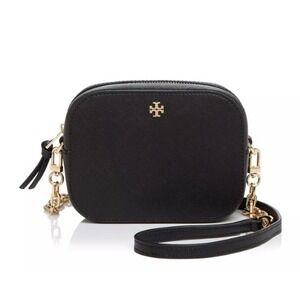 Tory Burch Robinson Mini Camera Bag Black Saffiano Leather Gold Chain Crossbody